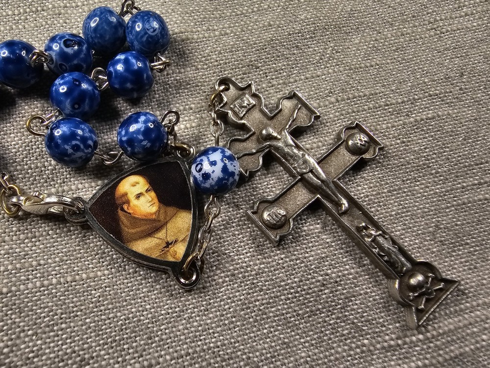 Beautiful Rosary Chaplet Junipero Serra  Blue Beads Carravaca Cross Gift C89