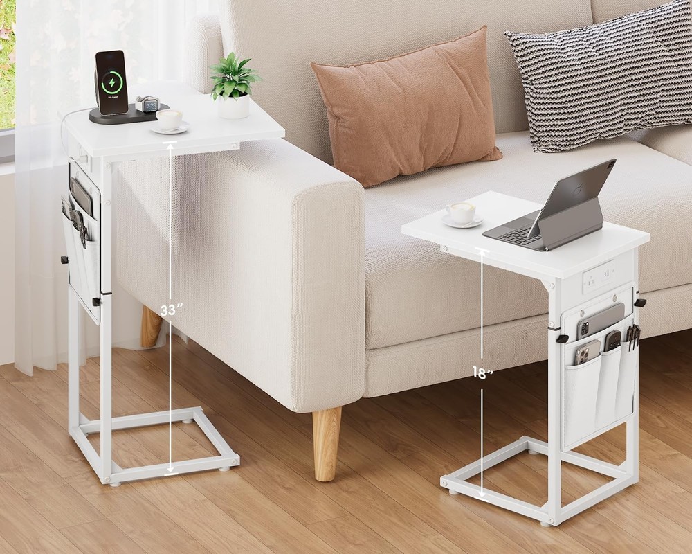 End Table W/ Charging Station Adjustable Height Side Table Couch Small C Shaped