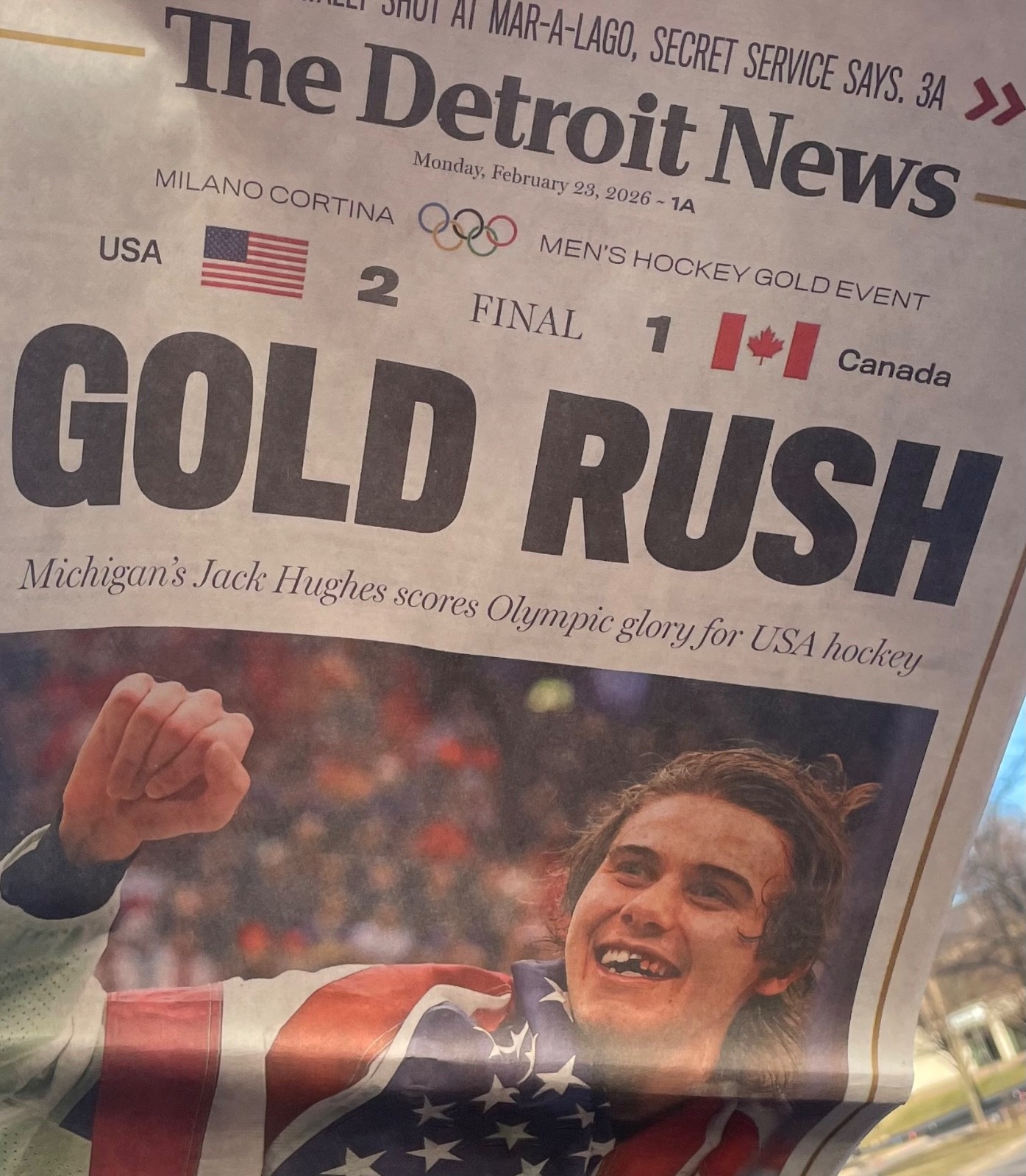 23FEB2026 TEAM USA 🇺🇸 WINS OLYMPIC GOLD RUSH DETROIT NEWS FULL PAPER HOCKEY