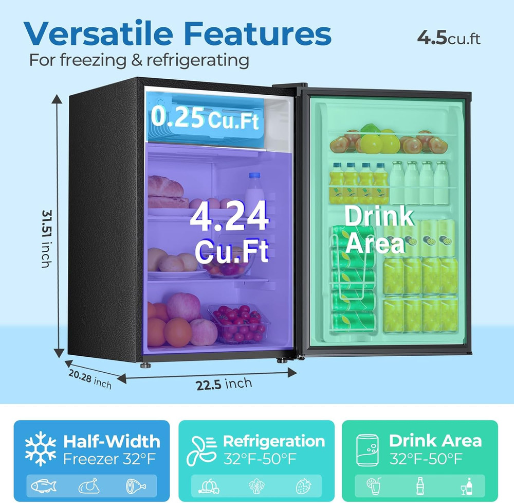 4.5 Cu.Ft Mini Fridge with Freezer, Compact Refrigerator with Reversible Single