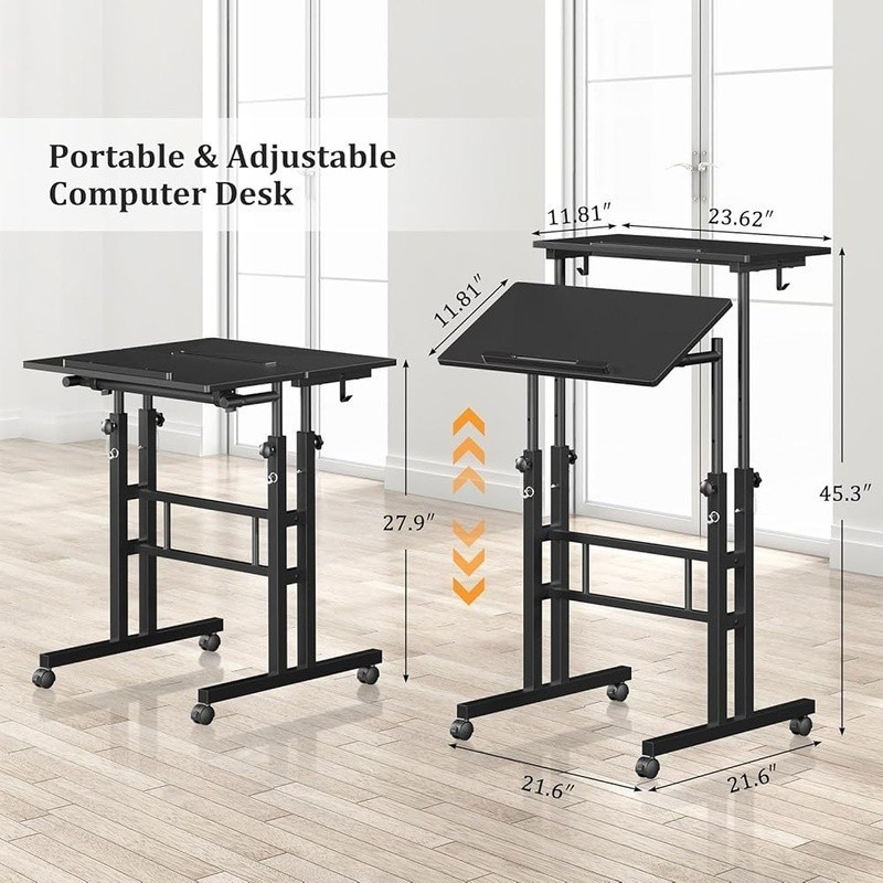 Small Standing Computer Desk W/ Wheels Mobile Stand Up Desk Portable Adjustable