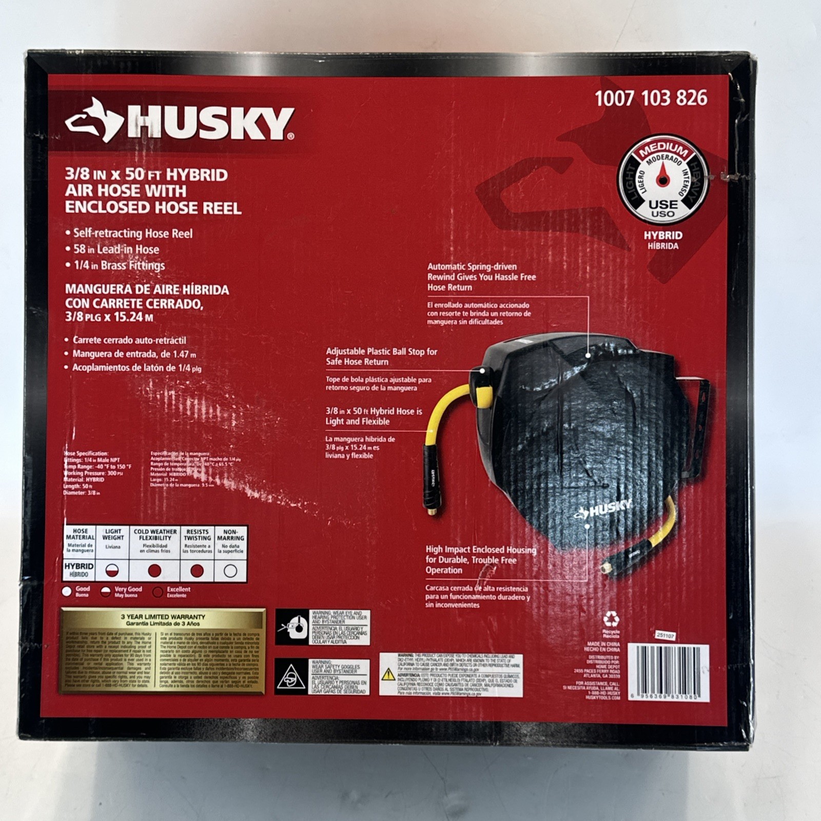 New Husky 3/8 " x 50' Hybrid Air Hose With Self Retracting Enclosed Hose Reel