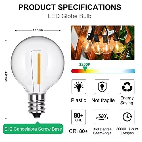 25 Pack G40 LED Light Bulbs Replacement for Outdoor String Lights E12 Base Bulb