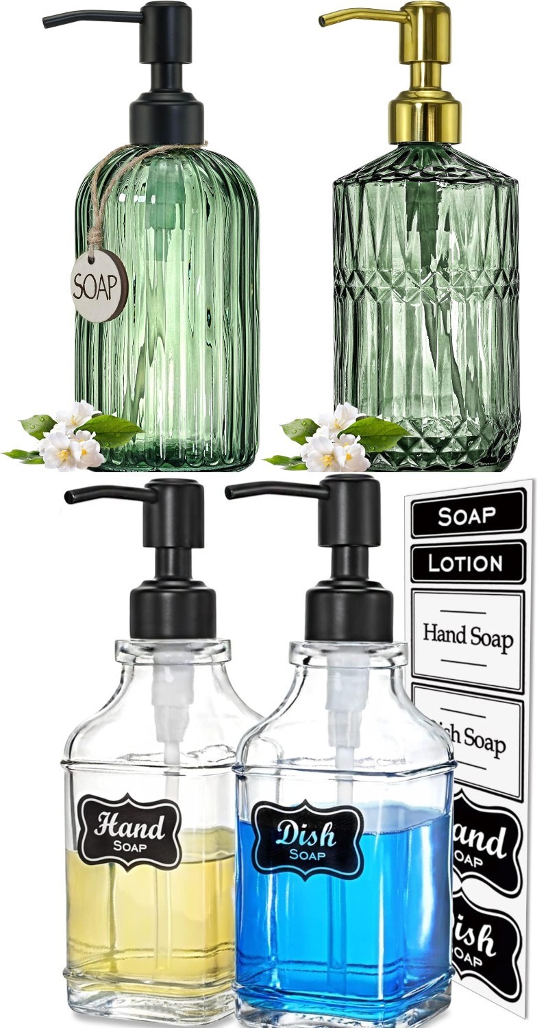 JASAI 18Oz Green Glass Soap Dispenser with Gold Rust Proof Pump, Refillable Kitc