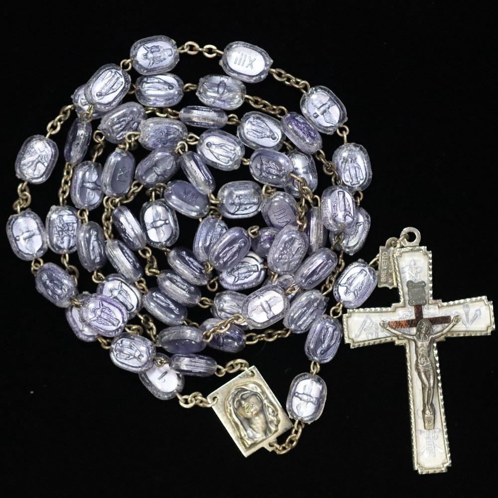 Purple Brevetto Legatura Alpacca STATIONS OF THE CROSS Bubble Bead Rosary w TAG