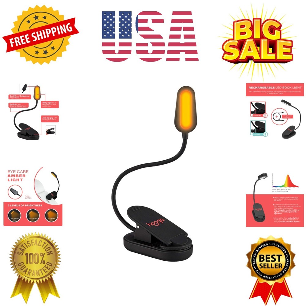 Amber Book Light, Rechargeable Clip-On Blue Light Blocking LED Reading Light,...