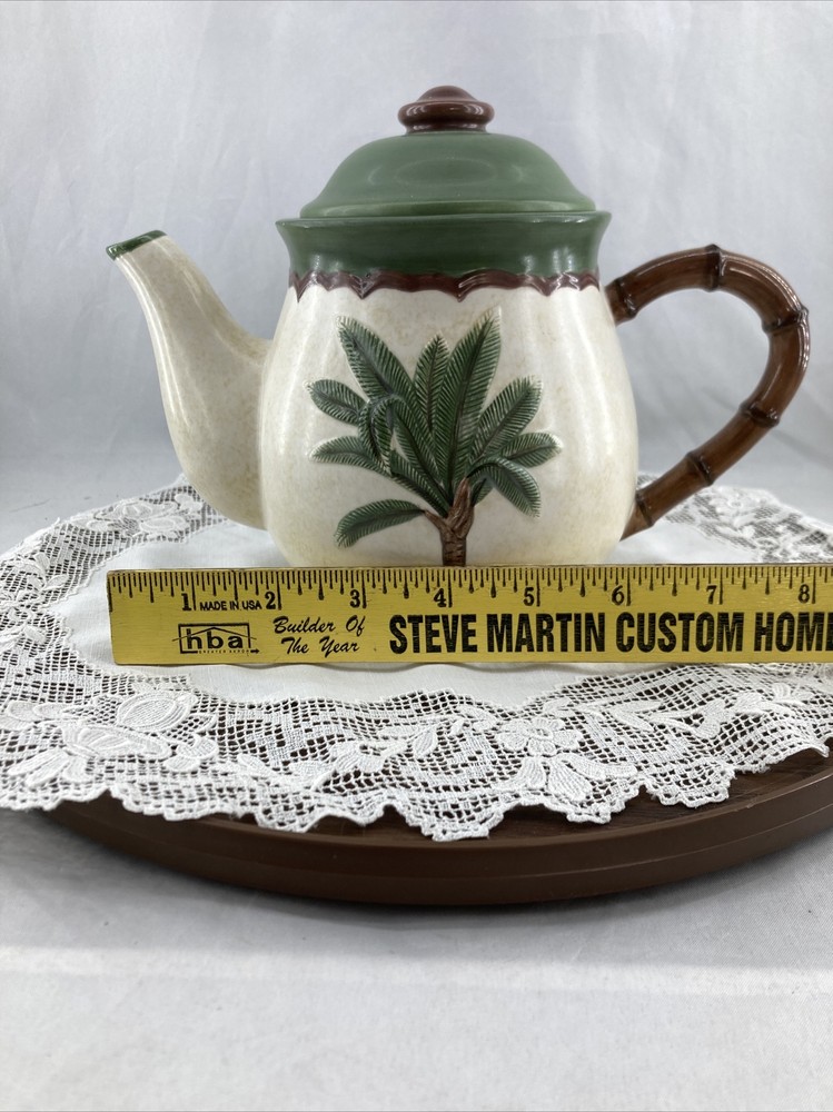 Vigor Palm Tree￼ Ceramic Teapot Bamboo Look Handle