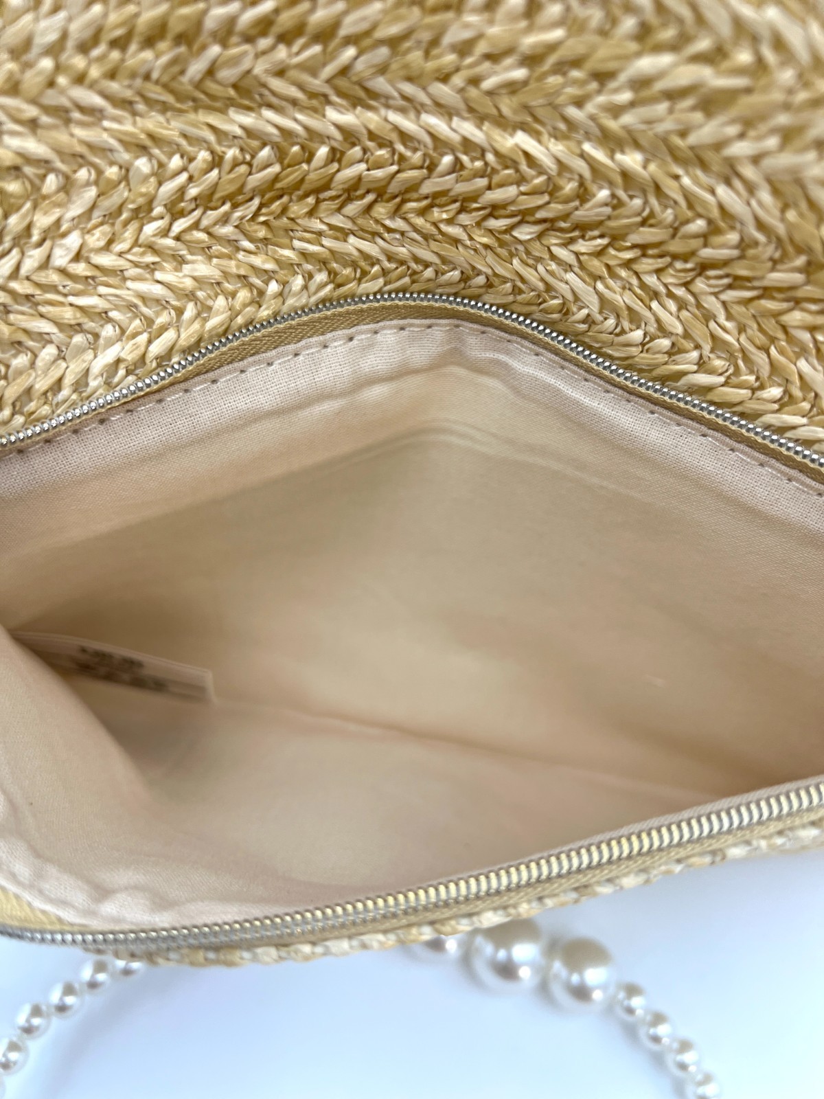 Christian Dior Straw Raffia Woven Cosmetic Zipper Bag Pouch with Chain in box