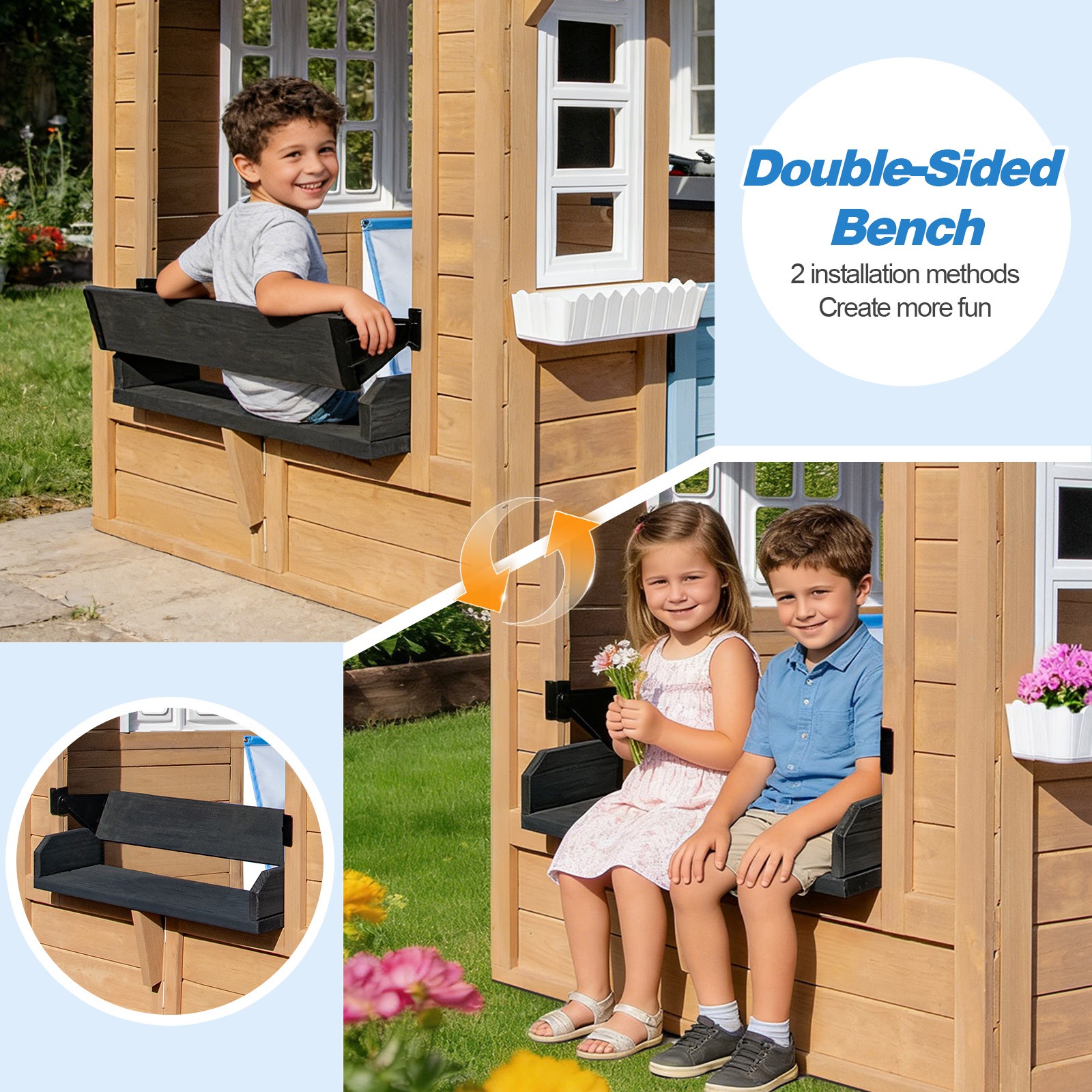 Kids Wooden Playhouse Cottage w/Bench,Play Kitchen,Chalkboard,Flowerpot,Birdcage