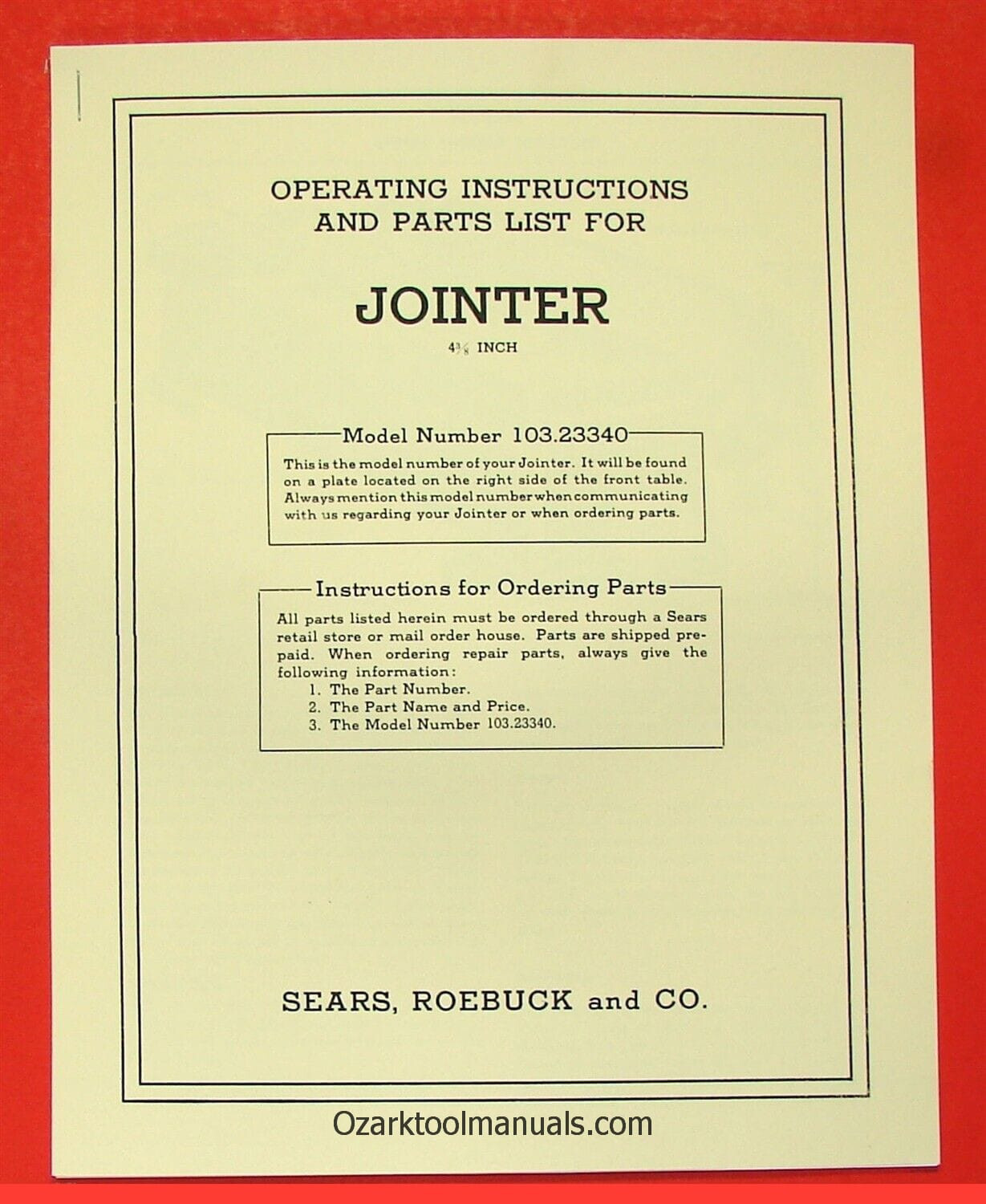 CRAFTSMAN 4 3/8" Jointer 103.23340 Owners Instructions & Parts Manual 0185