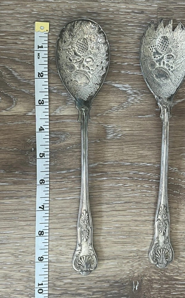 VTG Ornate England Silver Plated Fruit Themed Salad Serving Fork And Spoon Set