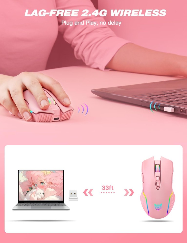 Wireless Mouse Ergonomic Optical RGB Backlit 6 Adjustable DPI 3600 Cordless