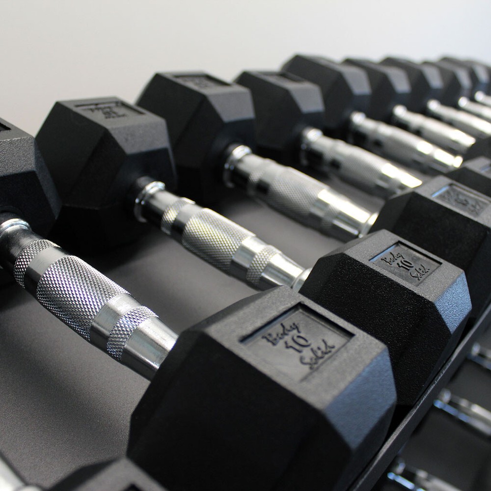 Body-Solid 5-50 lb. Rubber Hex Dumbbell Package with Storage Rack, Floor Mat