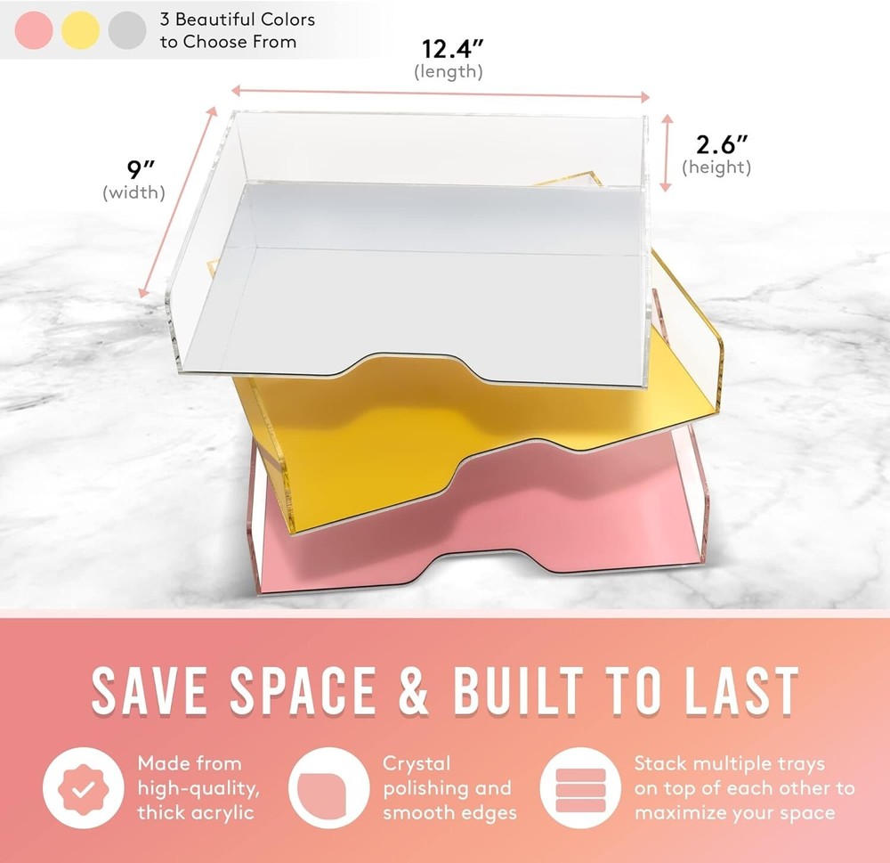 Gold Mirror 2 Pack - Acrylic Stackable Mirror Letter Tray, Clear Paper Organizer