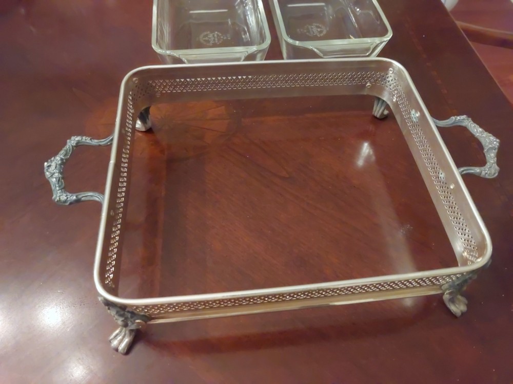 Vintage Silverplate Buffet Server W/Double "FIREKING" Loaf Dishes Ornate Footed