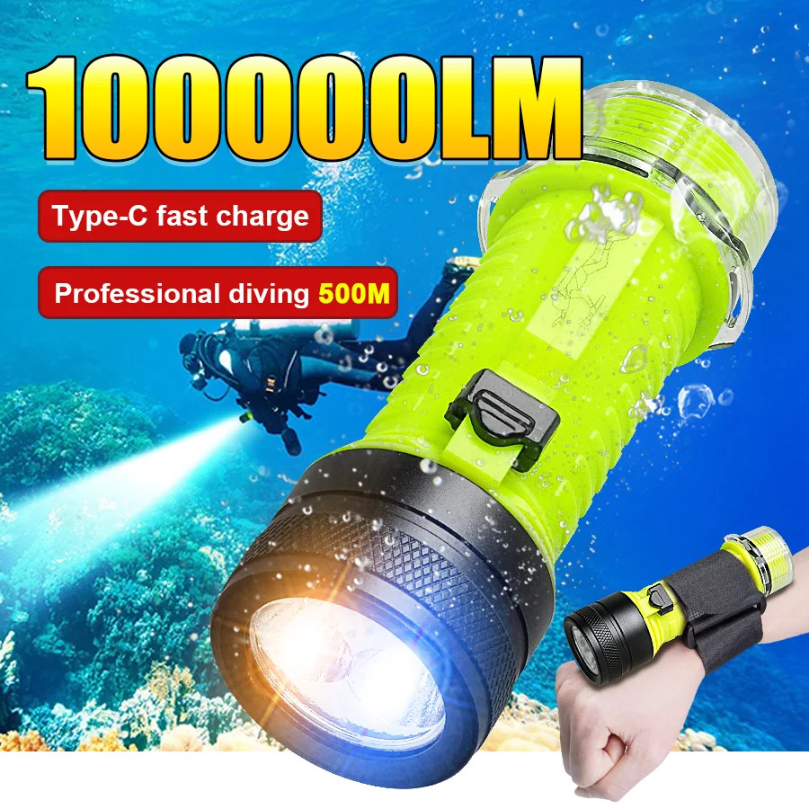 Professional Diving Flashlight IPX8 USB Rechargeable Light Scuba Diving Torch