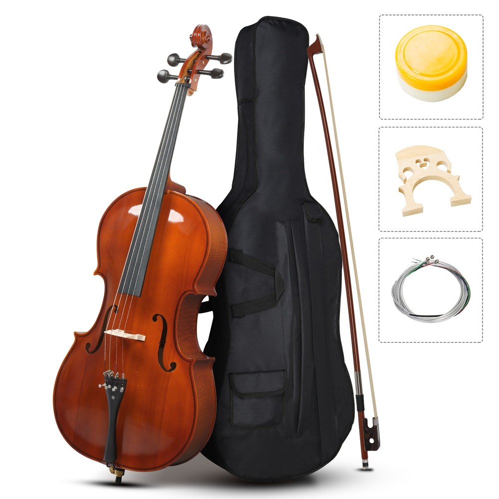 4/4 Natural Spruce Cello, Tiger Pattern, with Bag, Bow, Rosin, Bridge, Strings