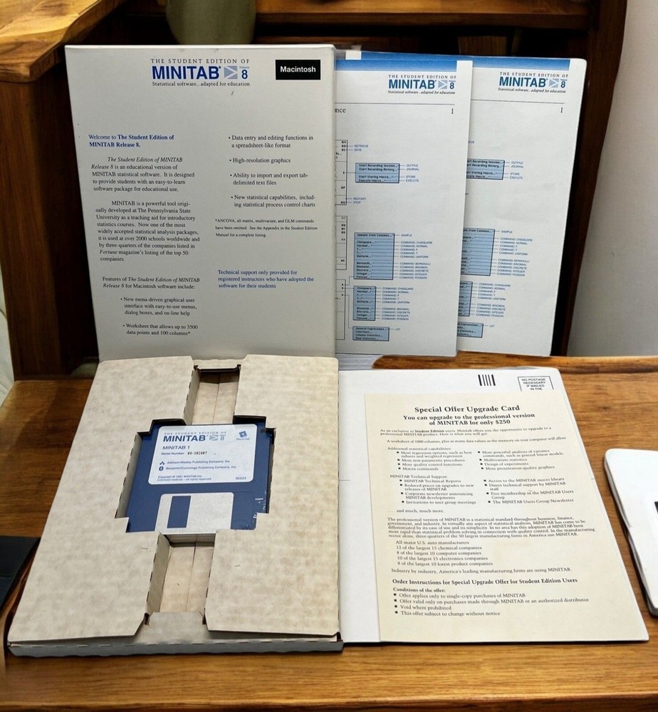 Minitab 8 Student Edition Macintosh Statistical Software Vtg 3.5" Floppy Disk