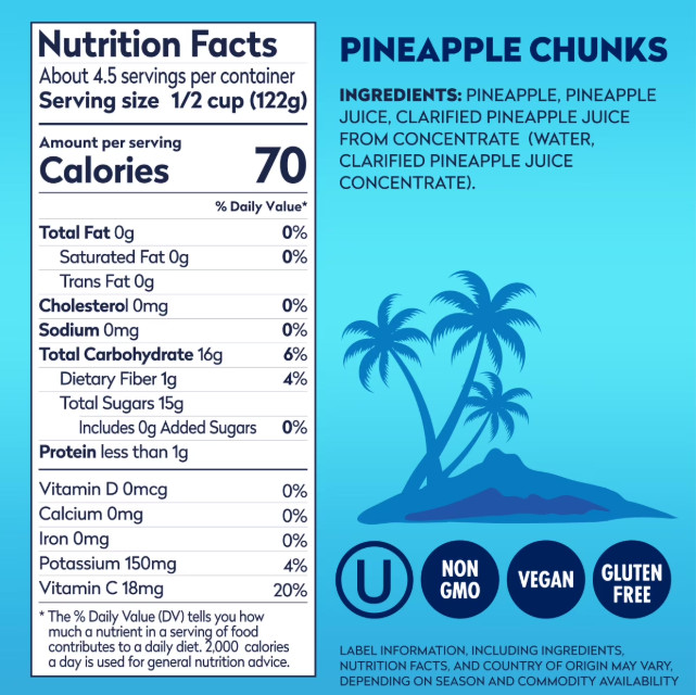 Dole Pineapple Chunks 6 Can Pack no sugar added