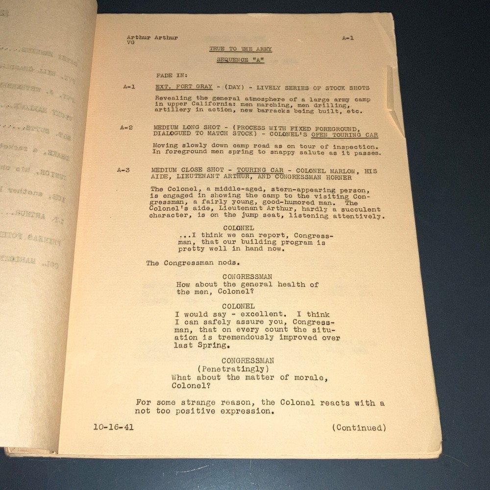 Original 1941 True to the Army Movie Script Paramount Sequence Drafts Archive CO