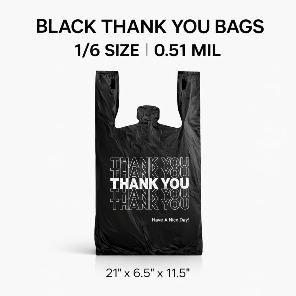 Bags 1/6 Black 21 x 6.5 x 11.5 "Thank You" T-Shirt Plastic Grocery Shopping 0.51