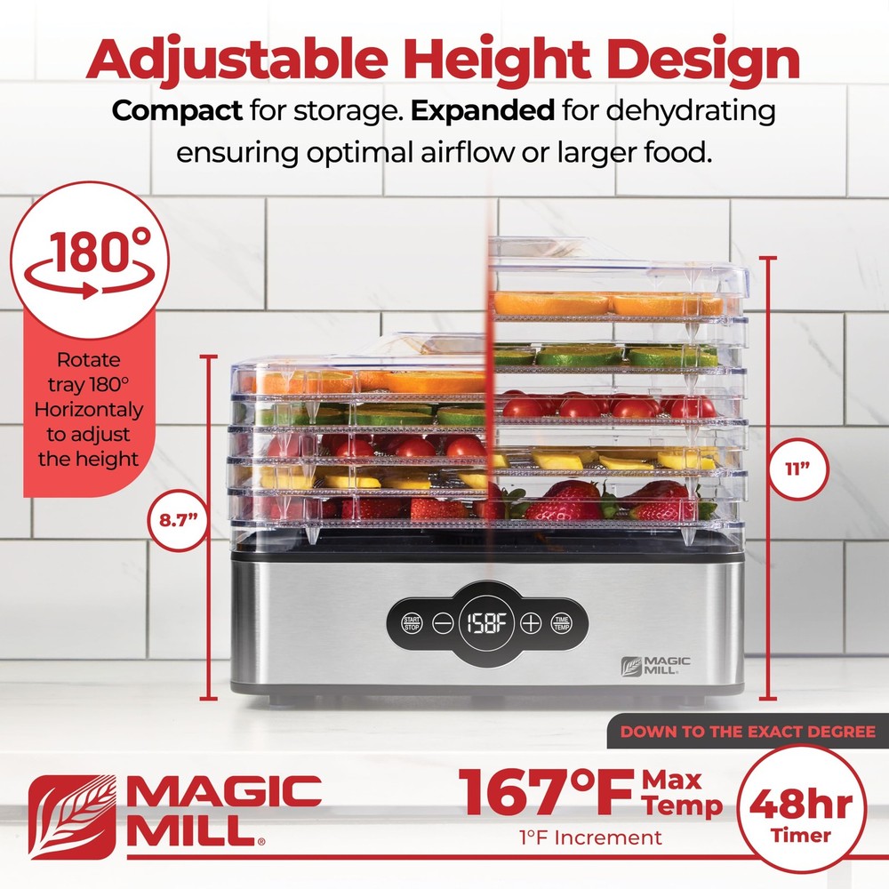 Magic Mill Food Dehydrator Machine | 5 Stackable 1 Count (Pack of 1), silver