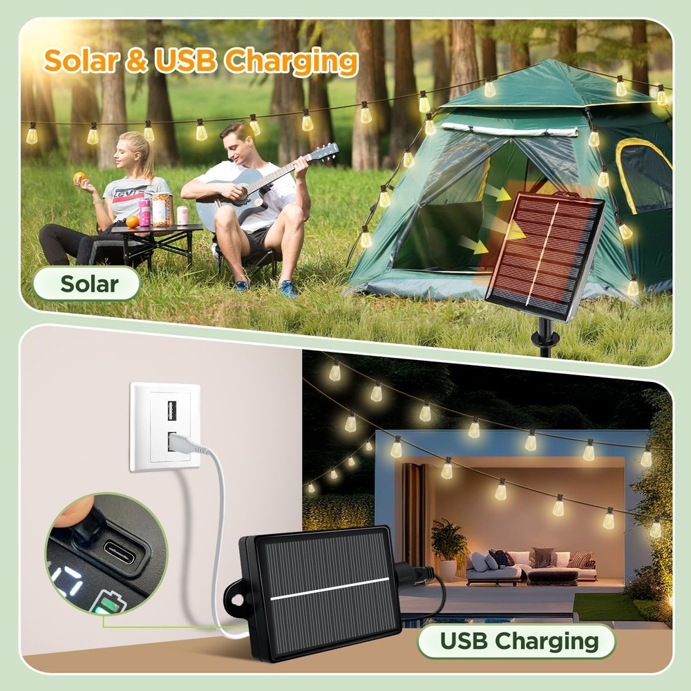 Solar String Lights Outdoor Waterproof LED ST38 Bulbs USB Remote Timer 25FT