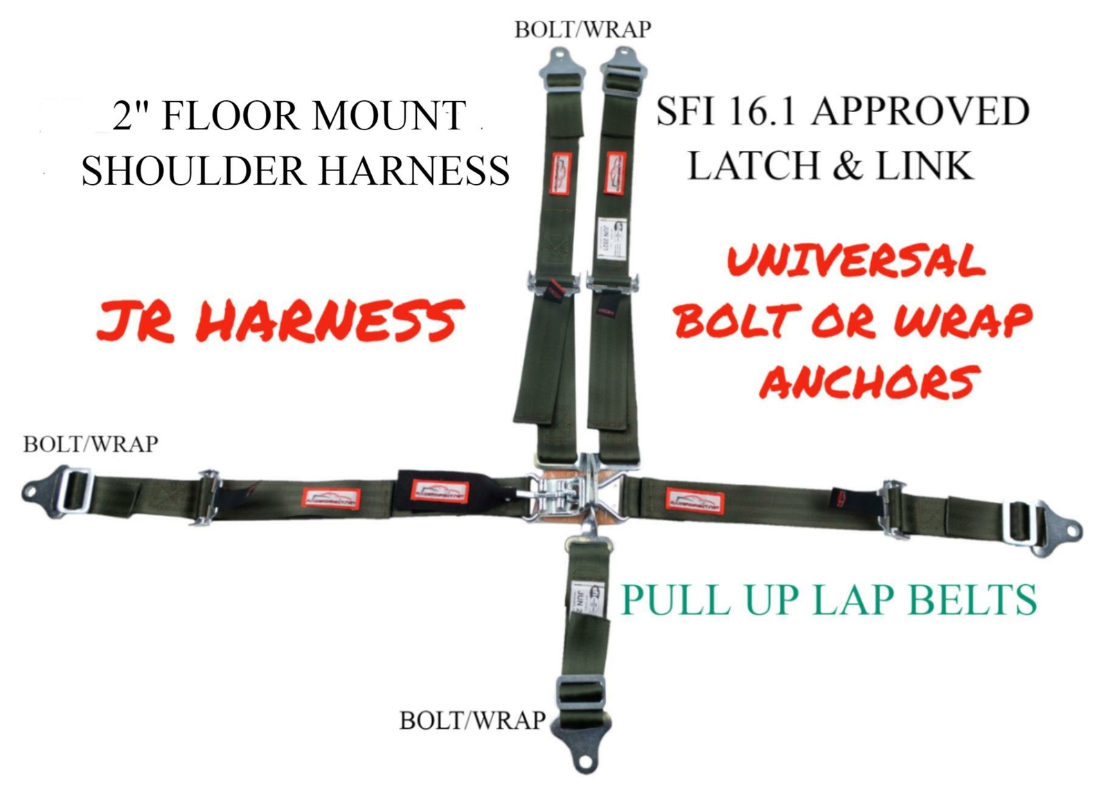 KIDS 2" RACING HARNESS LATCH AND LINK FLOOR MOUNT SEAT BELT MILITARY GREEN