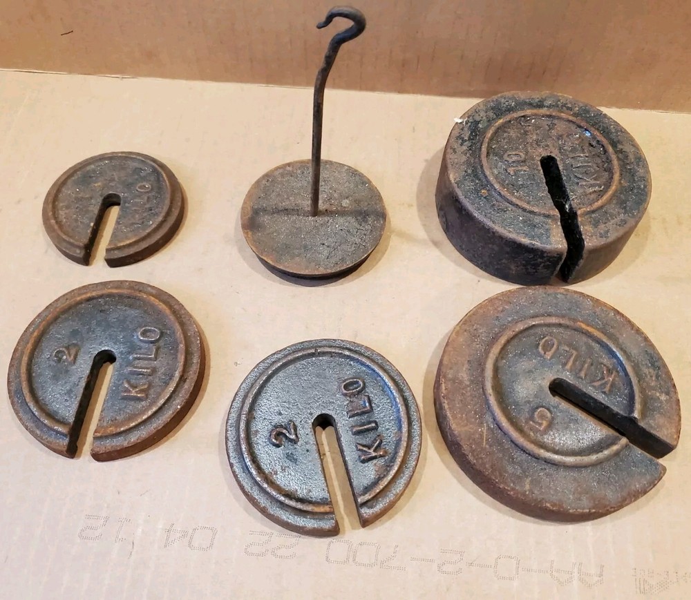 5 Vintage Rustic Cast Iron Platform Scale Weights & Hanger