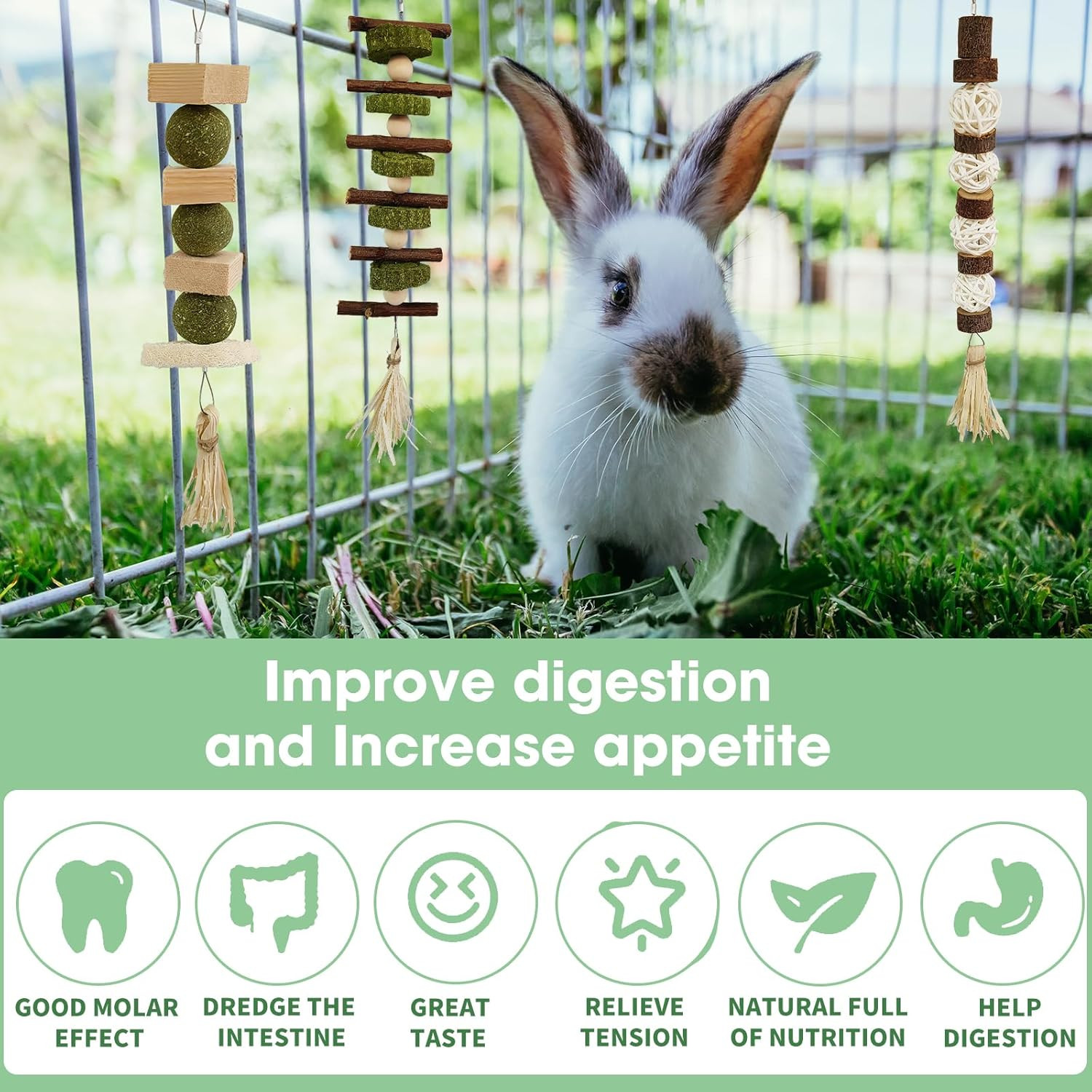 3 PCS Bunny Chew Toys, Natural Hanging Rabbit Chew Toy Treats for Guinea Pigs Ha