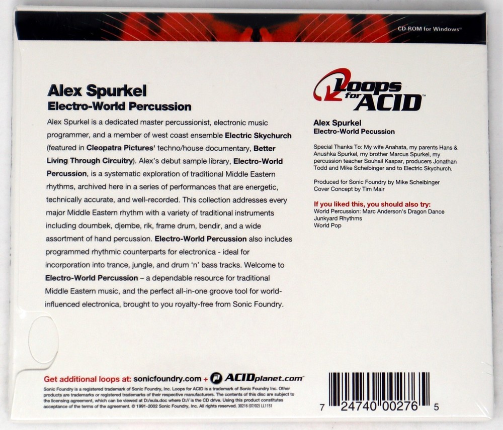 Sonic Foundry Electro-World Percussion Loops For Acid Sound Library/Sampling CD