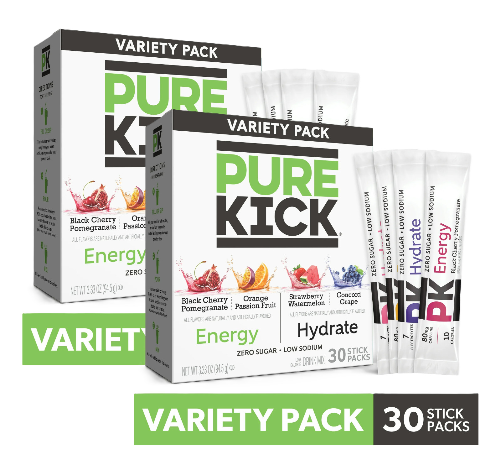 Pure Kick Energy & Hydration Electrolyte Powdered Drink Mix Variety pack, 60 Ct
