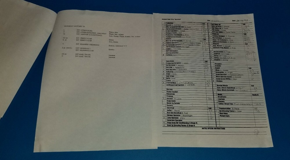 Jerry Seinfeld owned Original SCRIPT for The Pothole CALL SHEET Personal Owned