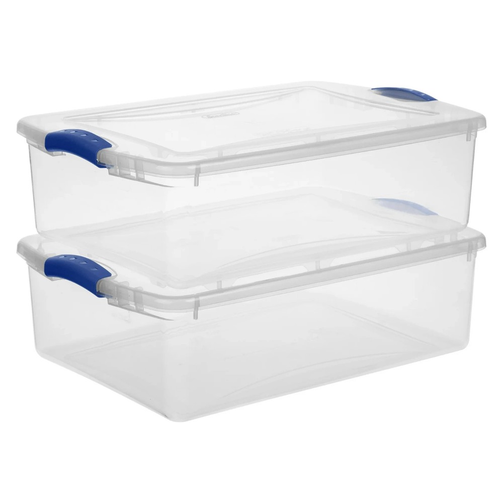 Sterilite 32 Quart Latch Box, Clear Plastic Storage Bin with Lid, Blue Latch