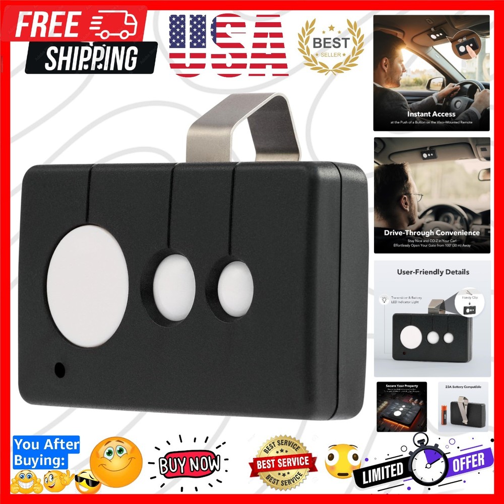 Gate Opener Remote Control, 433.92 MHz Gate Clicker with 100' Range Visor Cli...