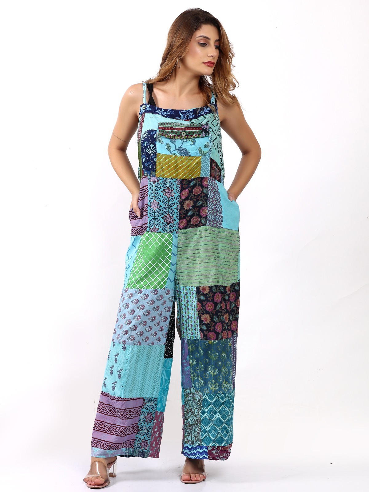 Women's Casual Patchwork Pocket Wide Leg Floral Print Rompers Jumpsuit Dress