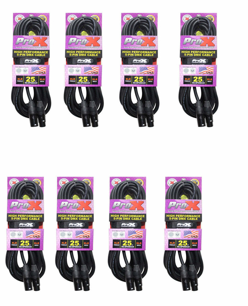 8 ProX 5 Pin 25 ft Shielded Data DJ Stage Lighting DMX Cables
