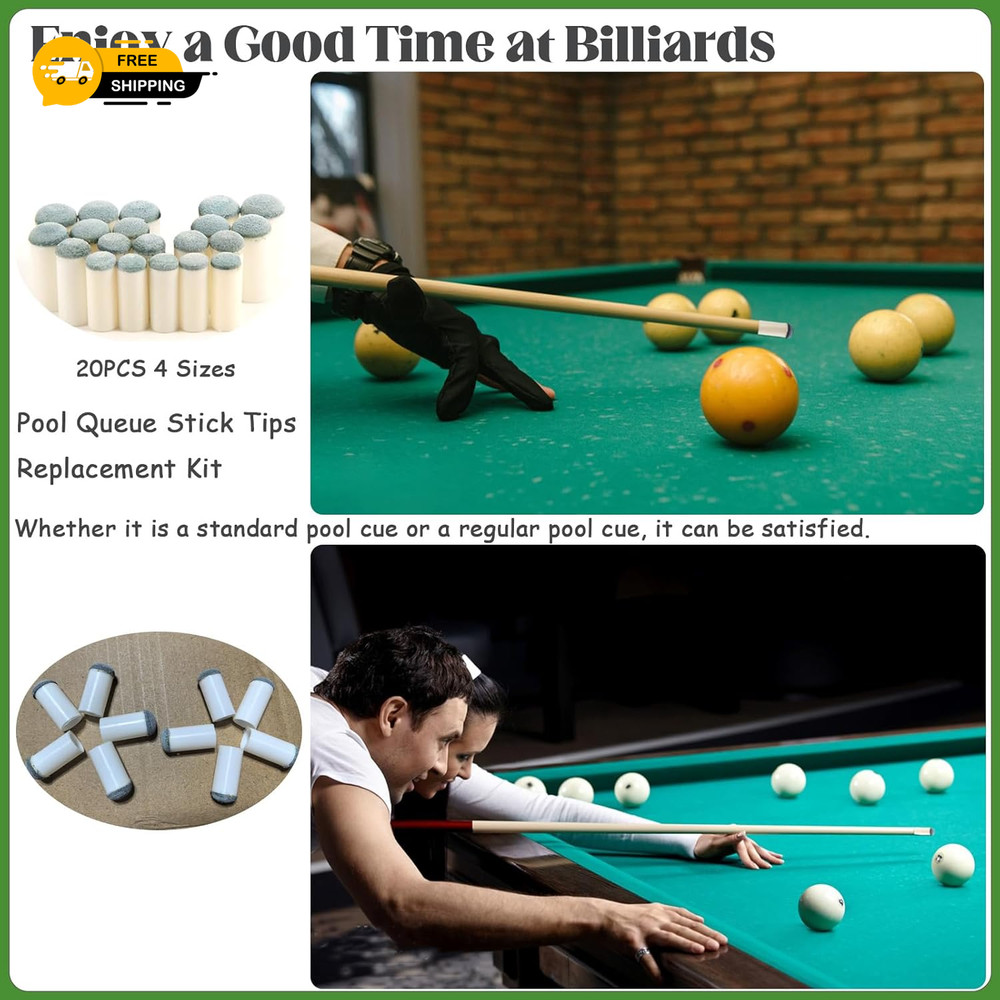 20-Piece Pool Cue Tip Replacement Kit, 4 Sizes for Billiard Accessories