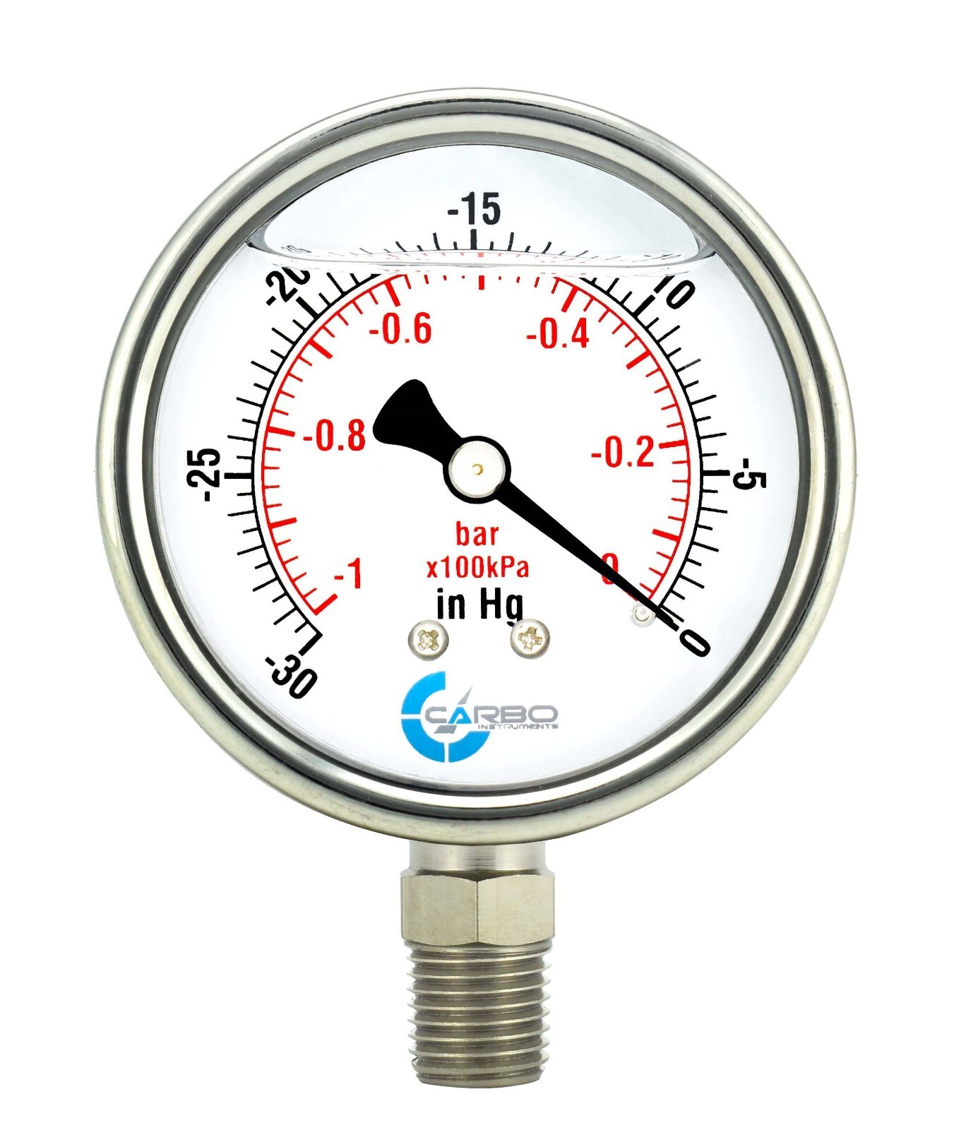 2-1/2" Vacuum Pressure Gauge, S.S Case, Liquid Filled, Brass Lower Mnt -30 Hg/0