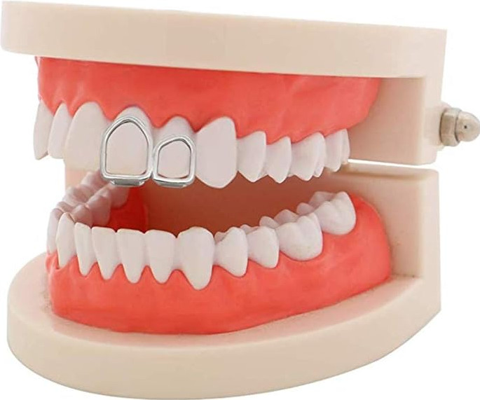 Silver Platinum Upper Double 2 Tooth Teeth Open Face Grillz Front Right-Side Cap