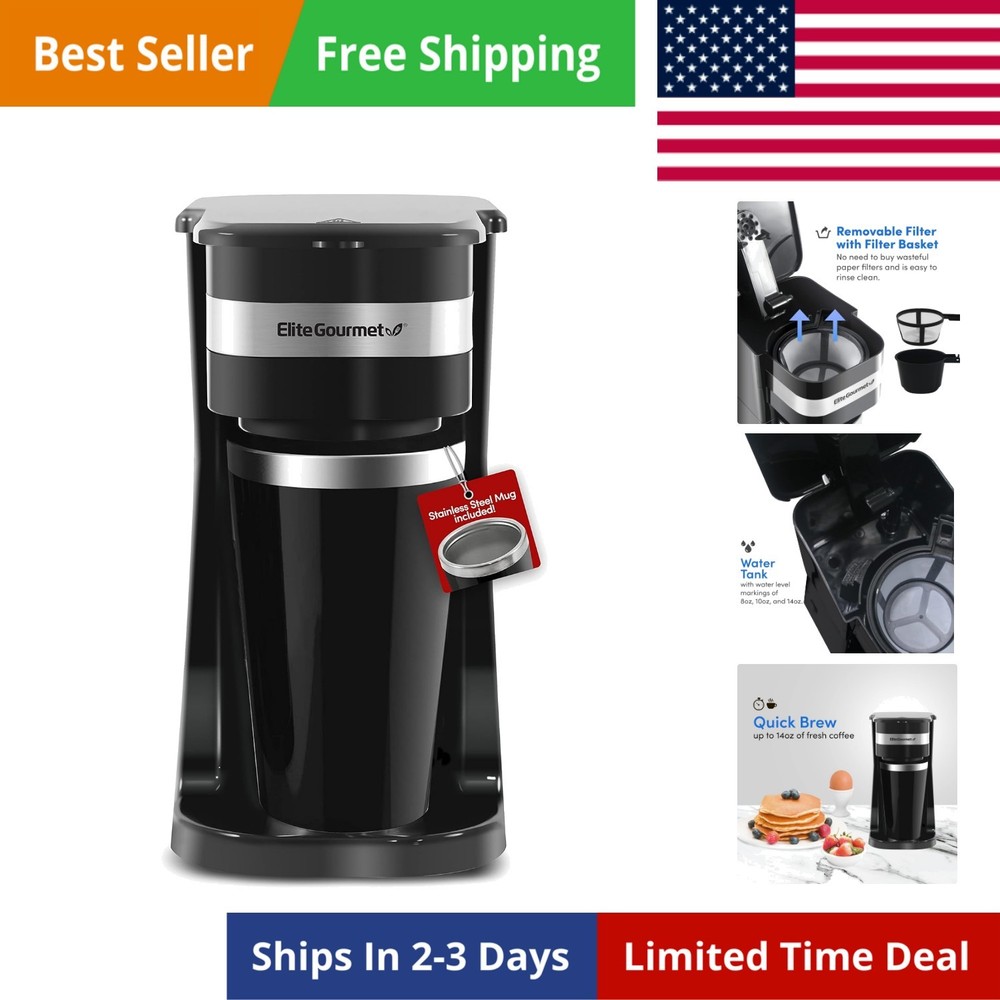 Personal Single-Serve Compact Coffee Maker Brewer Includes 14Oz. Thermal Trav...