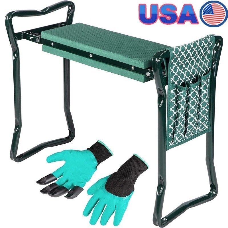 Garden Kneeler Stool Folding Seat Tool Pouch Gloves Comfortable Digging Support