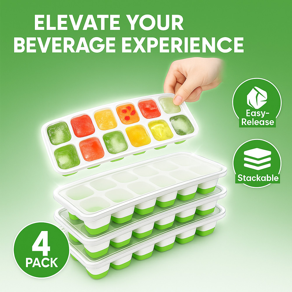 4 Pack Ice Cube Trays with Lids Silicone Stackable Easy Release BPA Free Freezer