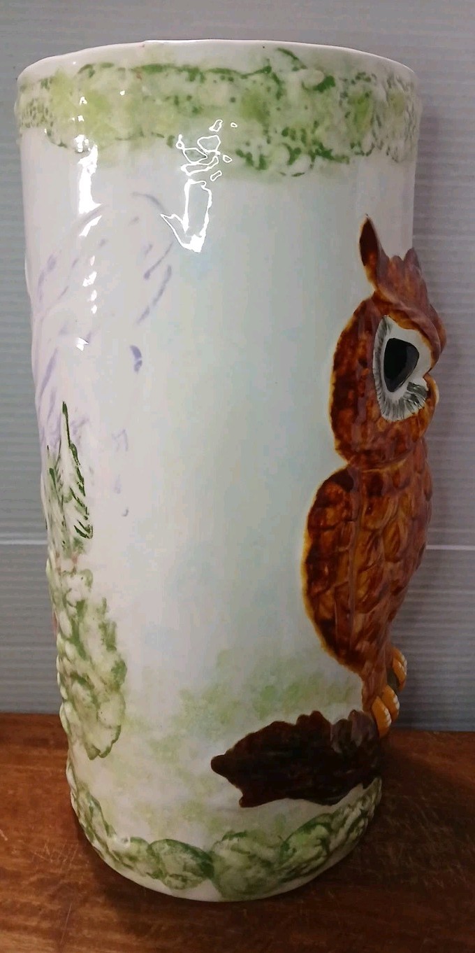 VTG Brown Owl Reversible Barn Scene Umbrella Stand Cane Stick Holder 70s READ