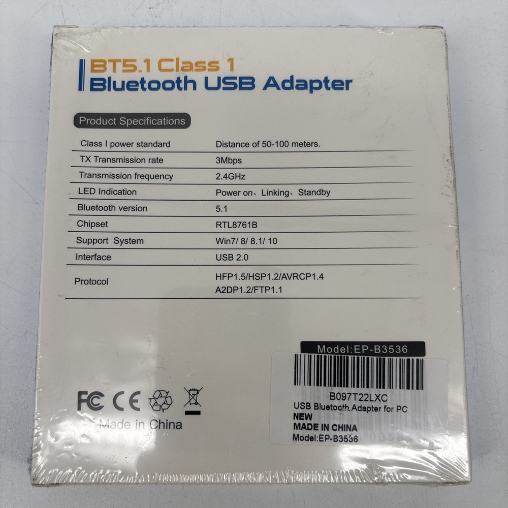 EDUP Class 1 100m Bluetooth 5.1 USB 2.0 Adapter for WIN 7/8/8.1/10 3Mbps 2.4GHz