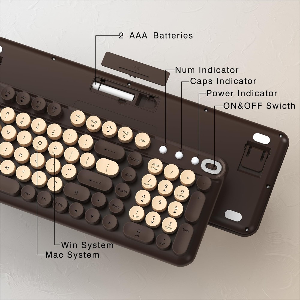 Wireless Keyboard Mouse Combo FullSize Retro Typewriter Coffee Brown Set