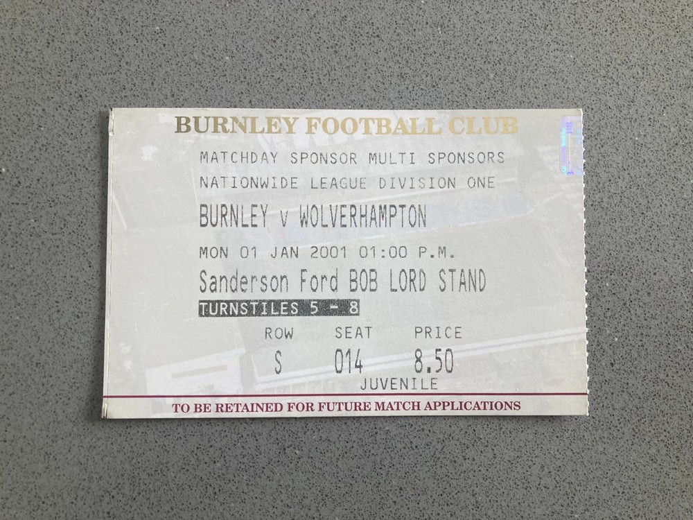 Burnley v Wolverhampton Wanderers 2000-01 Match Ticket