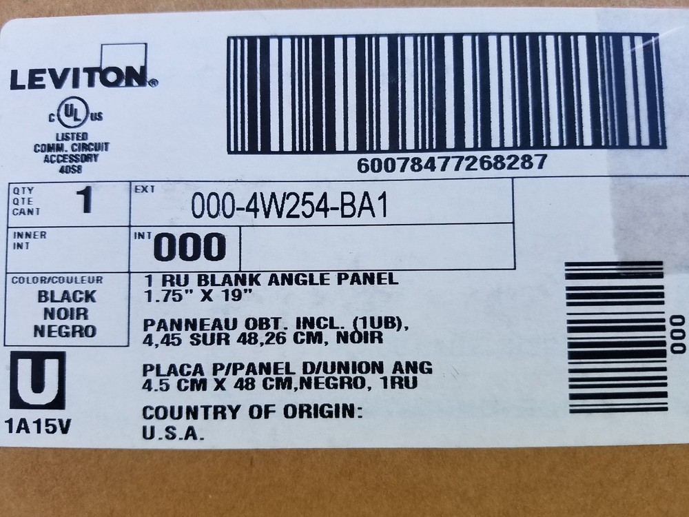 Recessed Angled Blank Panel 4W254-BA1 Leviton Insert 1RU - NEW IN BOX