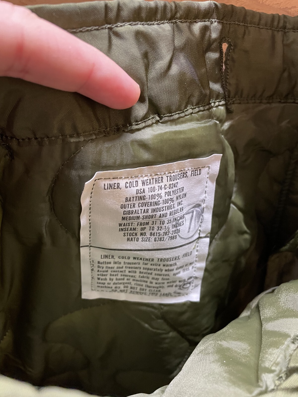 OD Pant Liner Cold Weather M-65 Field Pants Liner Medium Short and Regular
