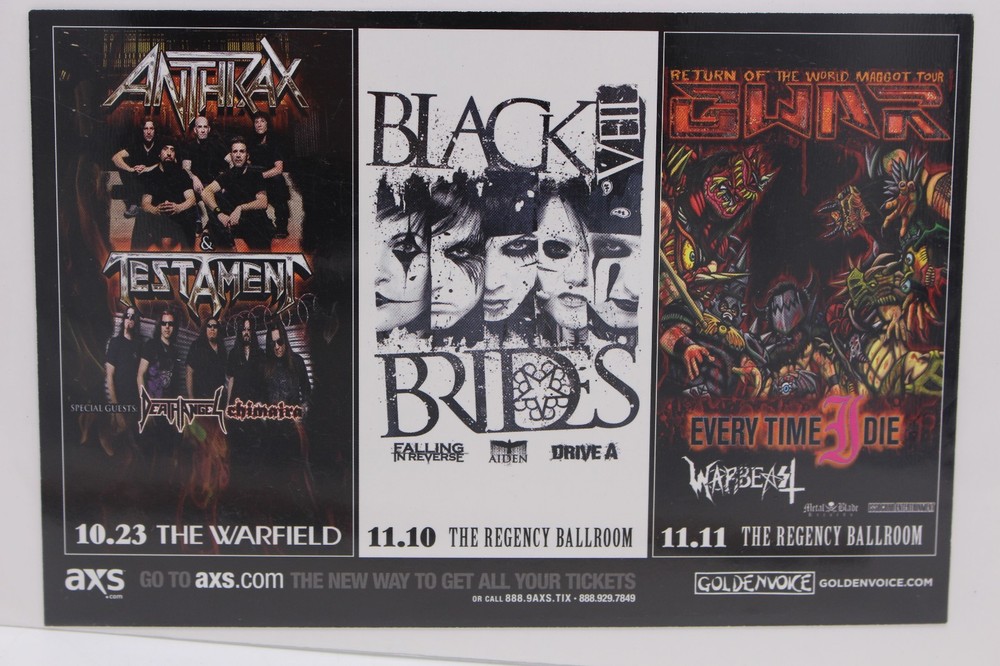 ANTHRAX AND TESTAMENT, BLACK VEIL BRIDES, GWAR HANDBILL